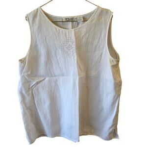 Vintage Rave White Linen Blend Sleeveless Blouse Embroidered Floral Large L Boho